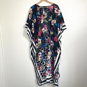 Steve Madden Kimono Womens OSFM Black Multi Floral Sheer Cover Up Boho Beachwear